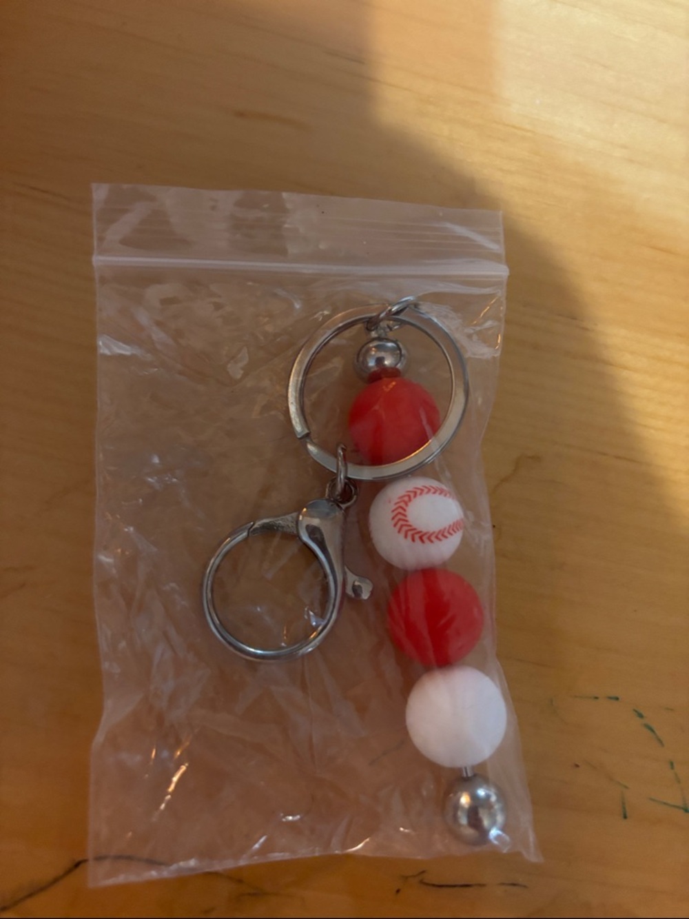 Red and White Baseball Bead Keychain